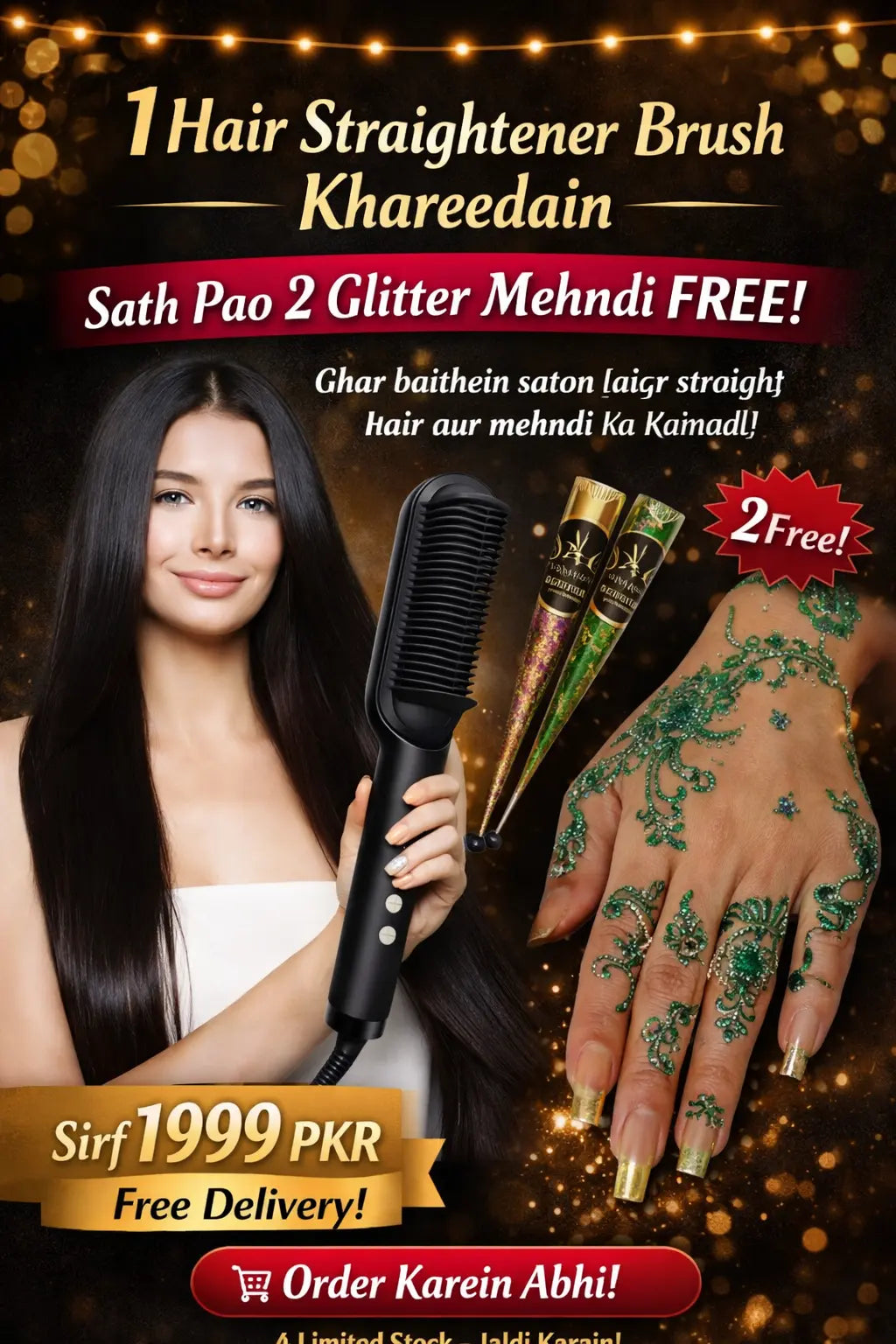Zentrix Hair Straightener Brush + Free 2 Glitter Mehndi Cones